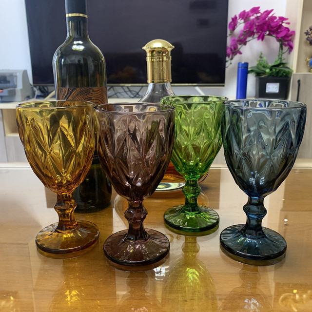 Kubek do wina Retro diamentowy, lampka do wina Multicolor Relief es 10oz, zestaw 4 kieliszków do picia na bankiet - Wianko - 1
