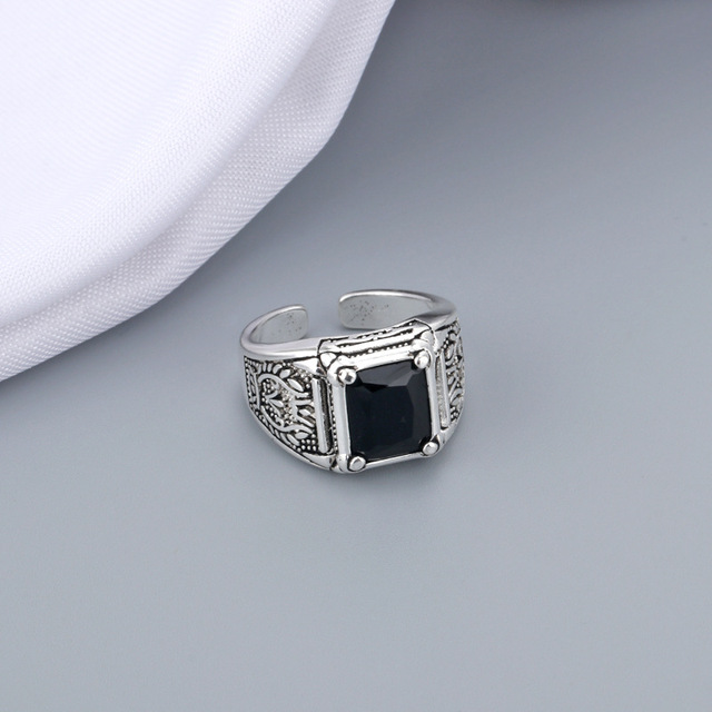 Pierścień męski retro z czarnym kryształem, 100% srebro próby 925, oryginalna biżuteria, idealny prezent na Boże Narodzenie - Wianko - 3