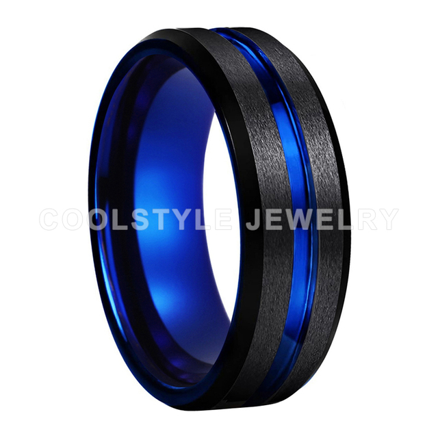 8MM Obrączka ślubna mężczyźni kobiety czarny niebieski pierścień karbidowy wolframu z rowkiem satynowe wykończenie Comfort Fit - Wianko - 1