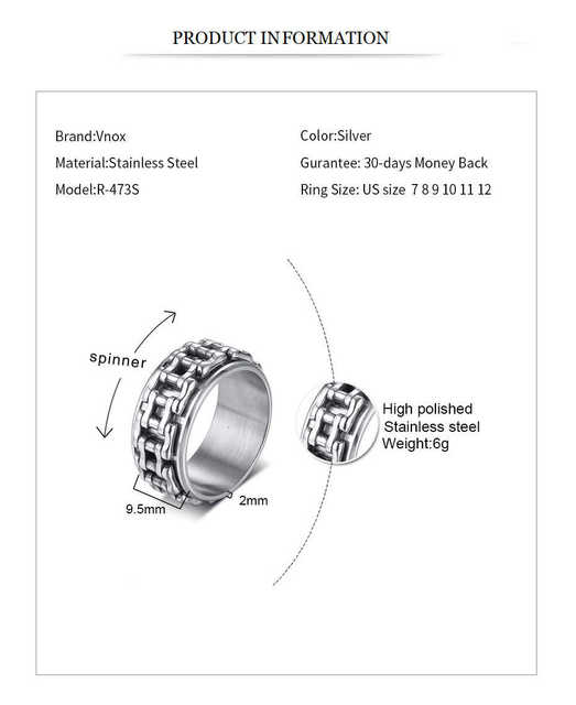 Stylowy pierścionek męski typu Fidget Ring ze łańcuszkiem, stal nierdzewna, łagodzi lęk - Wianko - 3