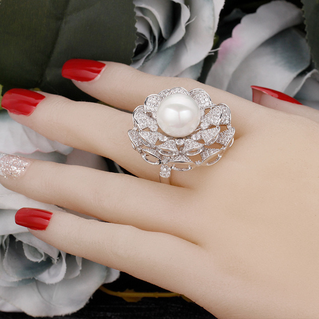 Pierścionek dla kobiet Bride Talk - luksusowe, kwiatowe perły z cyrkoniami Indian Dubai - Wianko - 2