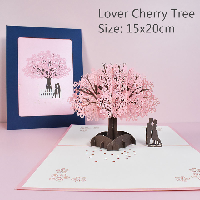 Zaproszenie na ślub - para pod drzewo wiśni - kartka 3D Pop-up z życzeniami dla żony - prezenty na rocznicę - Wianko - 3