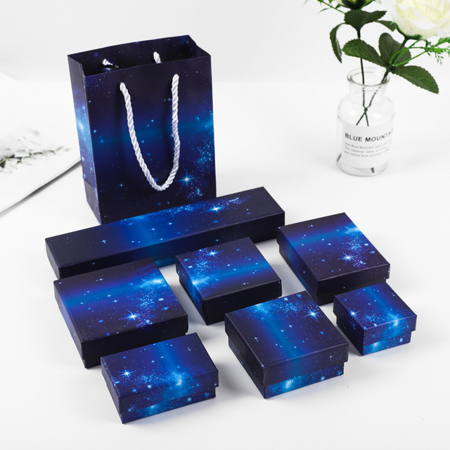 Pudełko na biżuterię niebieskie, gwiaździste niebo, szkatułka kartonowa na pierścionki, naszyjniki, bransoletki - Wianko - 3
