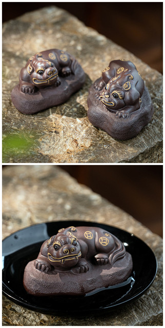 Zestaw 2 uroczych ręcznie robionych figurek herbataczów zwierzęcych z purpurowej gliny Yixing, przynoszących szczęście - idealne do dekoracji domu - Wianko - 1