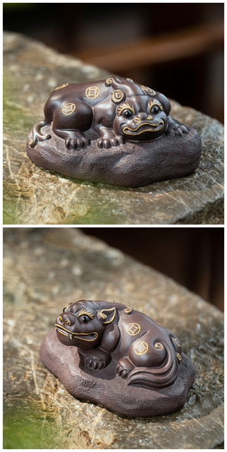 Zestaw 2 uroczych ręcznie robionych figurek herbataczów zwierzęcych z purpurowej gliny Yixing, przynoszących szczęście - idealne do dekoracji domu - Wianko - 2
