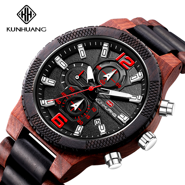 Nowy sportowy drewniany zegarek męski KUNHUANG z dużym wyświetlaczem KH1019 - Wianko - 9