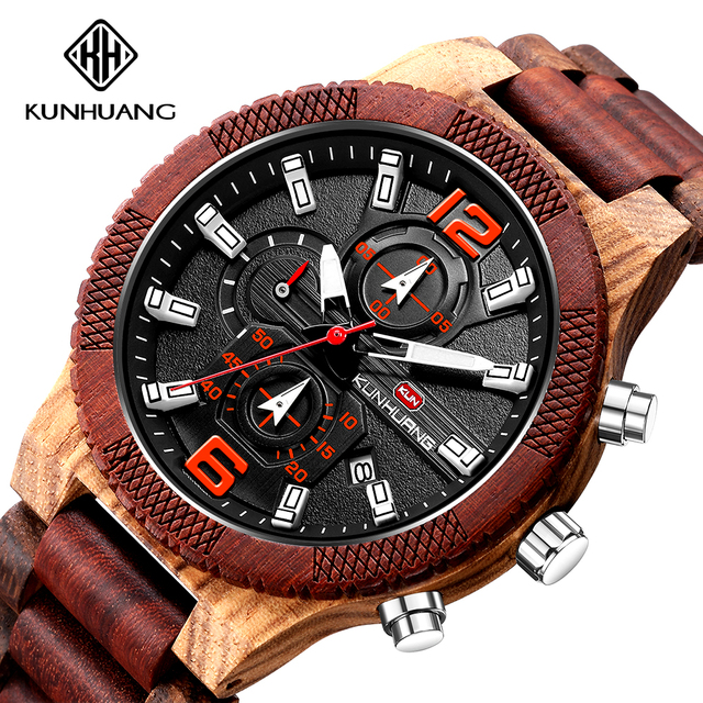Nowy sportowy drewniany zegarek męski KUNHUANG z dużym wyświetlaczem KH1019 - Wianko - 7