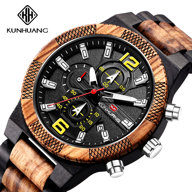 Nowy sportowy drewniany zegarek męski KUNHUANG z dużym wyświetlaczem KH1019 - Wianko - 8