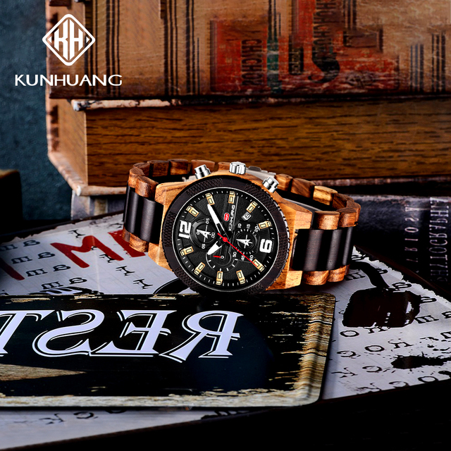 Nowy sportowy drewniany zegarek męski KUNHUANG z dużym wyświetlaczem KH1019 - Wianko - 3
