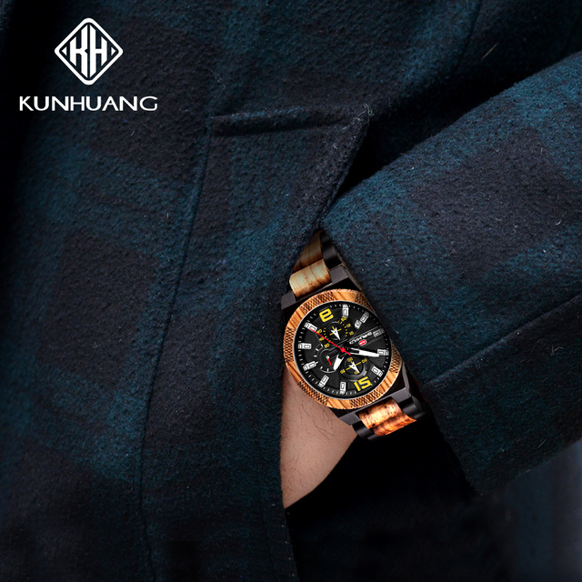 Nowy sportowy drewniany zegarek męski KUNHUANG z dużym wyświetlaczem KH1019 - Wianko - 4