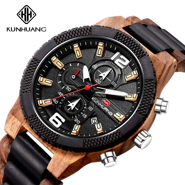 Nowy sportowy drewniany zegarek męski KUNHUANG z dużym wyświetlaczem KH1019 - Wianko - 6