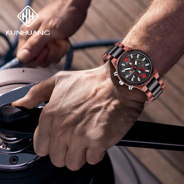 Nowy sportowy drewniany zegarek męski KUNHUANG z dużym wyświetlaczem KH1019 - Wianko - 5
