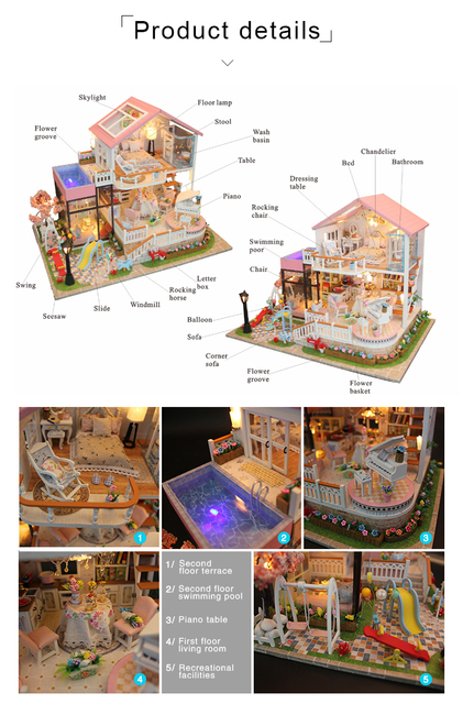 Domek dla lalek do samodzielnego montażu z drewna, z dużym ogrodem, kuchnią, meblami miniaturowymi i oświetleniem LED - Wianko - 3