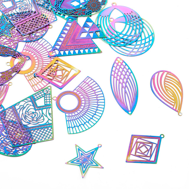 Zestaw filigranowych biżuterii z kolorową tęczą: wisiorek, kolczyki, pierścień i hak z listkiem geometrycznym - Wianko - 1