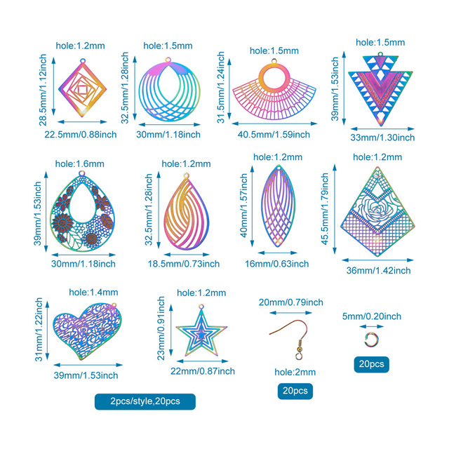 Zestaw filigranowych biżuterii z kolorową tęczą: wisiorek, kolczyki, pierścień i hak z listkiem geometrycznym - Wianko - 3