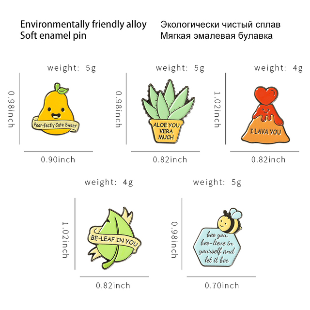 Emaliowany szpilka w kształcie śmiesznej gruszki z liściem aloesu i broszką pszczoły - uniseksowa biżuteria hurtownia - Wianko - 1