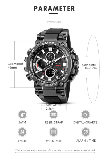 Męskie zegarki sportowe SMAEL - podwójny czas, chronograf, LED, tydzień, montre homme - Wianko - 2