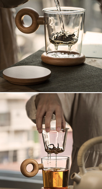 Drewniany uchwyt filiżanka kawowa z filtrem, przeźroczyste szkło, separacja wody, dekoracyjny motyw kwiatowy - Wianko - 17