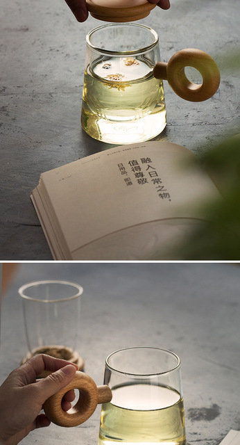 Drewniany uchwyt filiżanka kawowa z filtrem, przeźroczyste szkło, separacja wody, dekoracyjny motyw kwiatowy - Wianko - 14