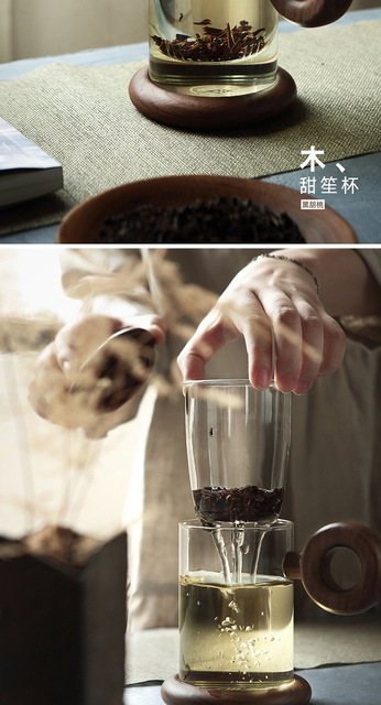 Drewniany uchwyt filiżanka kawowa z filtrem, przeźroczyste szkło, separacja wody, dekoracyjny motyw kwiatowy - Wianko - 4