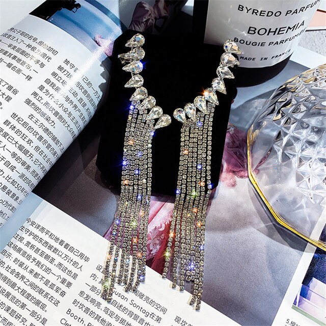 Kolczyki zwisające z długim frędzlem IOY IRENE, zdobione kryształami górskimi, biżuteria w formie kropli wody, prezenty dla kobiet - Wianko - 7