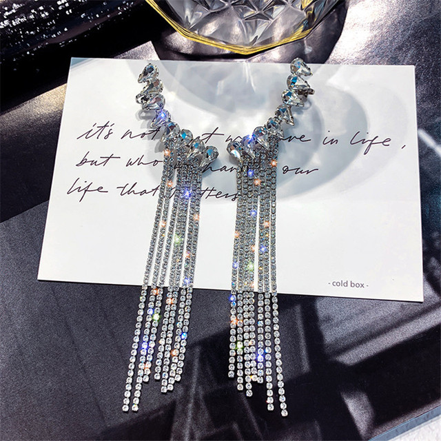 Kolczyki zwisające z długim frędzlem IOY IRENE, zdobione kryształami górskimi, biżuteria w formie kropli wody, prezenty dla kobiet - Wianko - 6