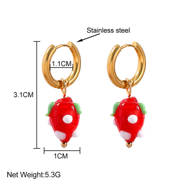 Koreańskie słodkie świeże truskawki - żelazko, kolczyki koła, stali nierdzewnej, czerwone szkliwione kolczyki, biżuteria, prezenty - Wianko - 1