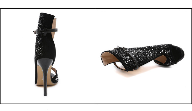 Buty damskie na słupku, z wysokimi obcasami, ozdobione klamrą oraz dżetami, w stylu Peep Toe, 2021, cienkie obcasy - Wianko - 4