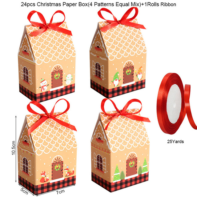 Pudełko na ciasteczka Christmas House, 24 sztuki w kształcie domku, wykonane z papieru Kraft, z lnianą torbą - akcesorium dekoracyjne na Boże Narodzenie i Sylwestra - Wianko - 1