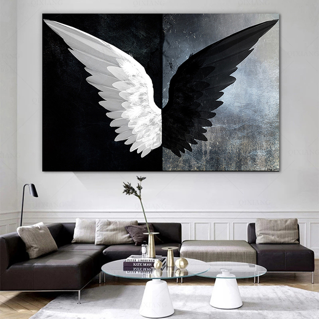 Czarno-białe skrzydła z piórami - plakat na płótnie Quadros Wall Art Picture Scandinavian do salonu - Cuadros - Wianko - 4