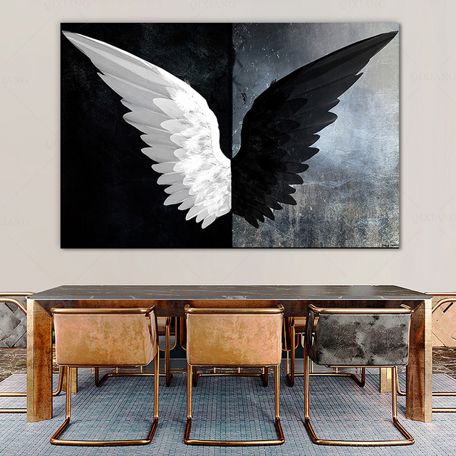 Czarno-białe skrzydła z piórami - plakat na płótnie Quadros Wall Art Picture Scandinavian do salonu - Cuadros - Wianko - 5