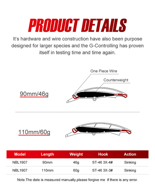 Przynęta na połów okoni - Noeby G Control błystka 90mm 46g, 110mm 60g, tonący, przynęta na długie rzucanie Jerkbait, słonowodne, twarda - Wianko - 4