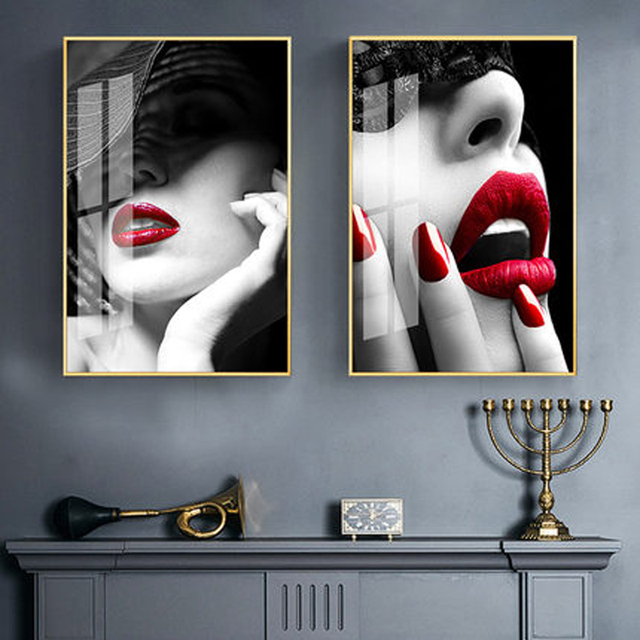 Malarstwo ścienne w stylu skandynawskim z motywem ust - plakat do salonu i dekoracja domu - Wianko - 9
