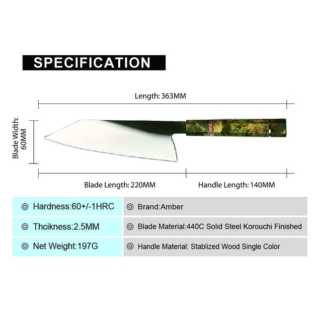 Bursztynowy nóż kuchenny 8 cali, japoński noża Kiritsuke, stal nierdzewna 440C, profesjonalne, stabilizowane drewno HD - Wianko - 8
