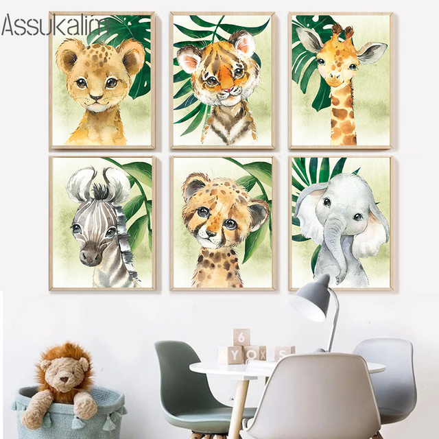 Obraz na płótnie zwierząt: tygrys, lew, słoń, żyrafa - plakat na ścianę, liść, dekoracja dżungli dla dzieci - Wianko - 3