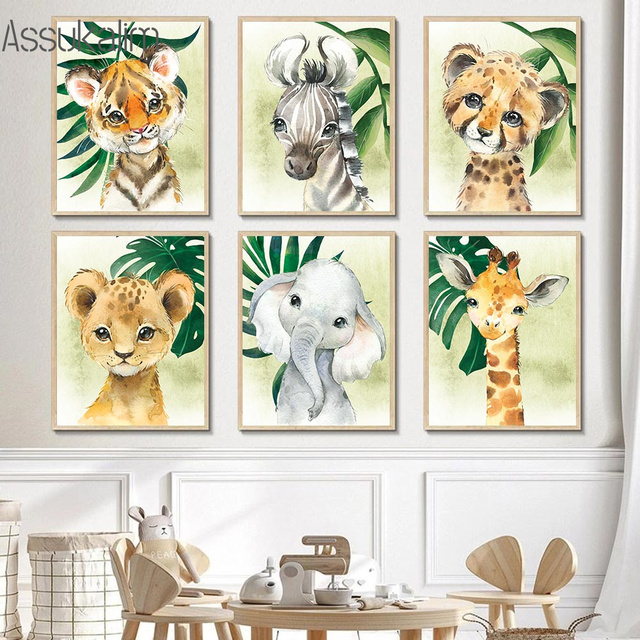 Obraz na płótnie zwierząt: tygrys, lew, słoń, żyrafa - plakat na ścianę, liść, dekoracja dżungli dla dzieci - Wianko - 5