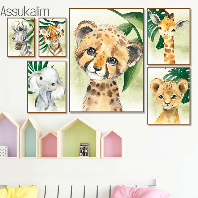 Obraz na płótnie zwierząt: tygrys, lew, słoń, żyrafa - plakat na ścianę, liść, dekoracja dżungli dla dzieci - Wianko - 2
