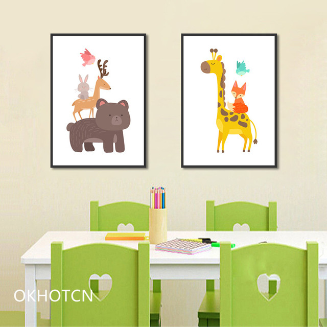 Malarstwo dekoracyjne dziecięce z zwierzętami: jeleń, małpa, niedźwiedź, ptaki - Wianko - 5