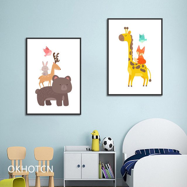 Malarstwo dekoracyjne dziecięce z zwierzętami: jeleń, małpa, niedźwiedź, ptaki - Wianko - 4