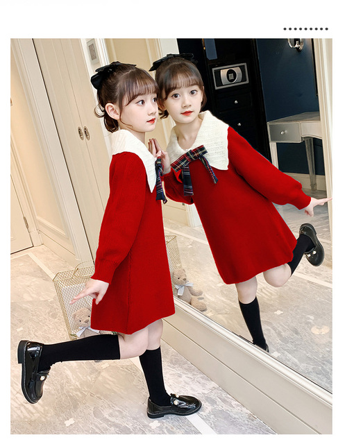 Sukienka sweter dla dziewczynek zimowa jesień dostępna dla nastolatek z długimi rękawami w ciepłym, dzianinowym stylu, idealna na świąteczne i noworoczne okazje - Wianko - 3