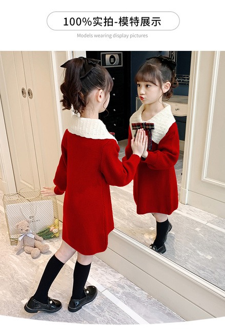 Sukienka sweter dla dziewczynek zimowa jesień dostępna dla nastolatek z długimi rękawami w ciepłym, dzianinowym stylu, idealna na świąteczne i noworoczne okazje - Wianko - 2