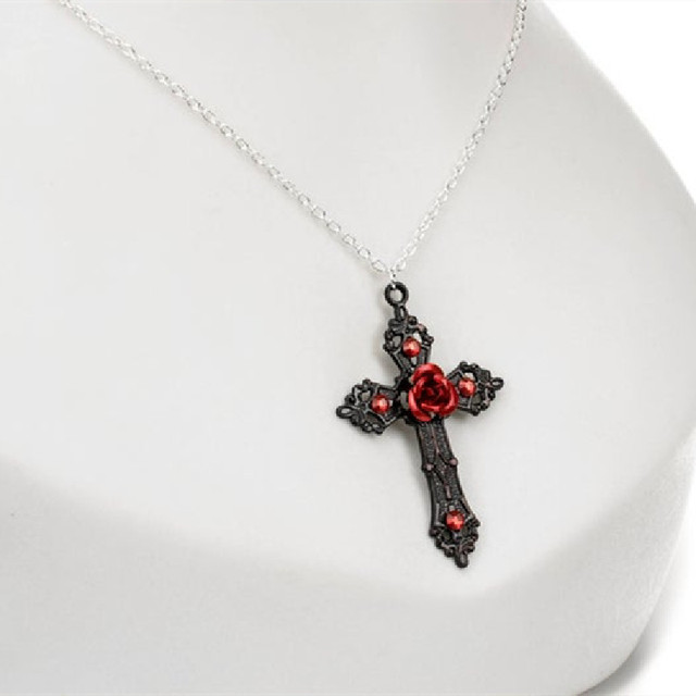 Naszyjnik z wisiorkiem Gotycki czarny krzyż z czerwoną różą - biżuteria gotycka o romantycznym uroku dla kobiet w stylu wiktoriańskim - Wianko - 1