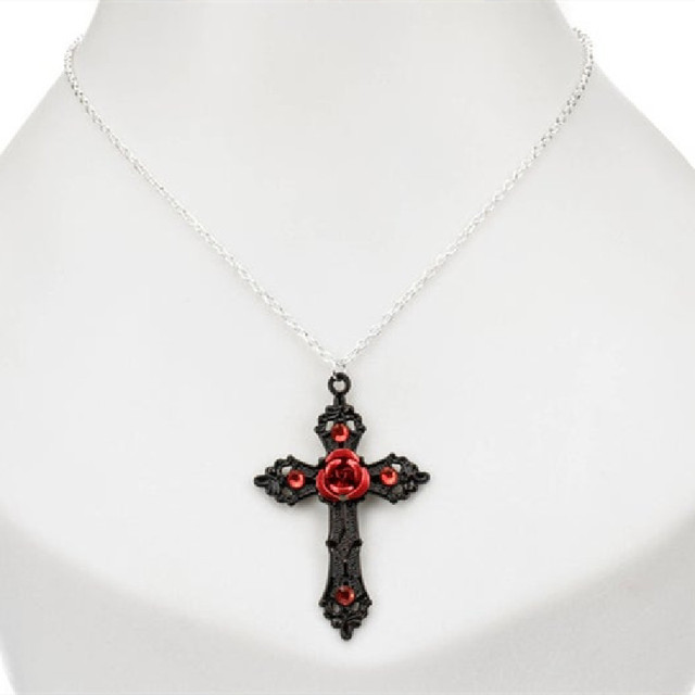 Naszyjnik z wisiorkiem Gotycki czarny krzyż z czerwoną różą - biżuteria gotycka o romantycznym uroku dla kobiet w stylu wiktoriańskim - Wianko - 4
