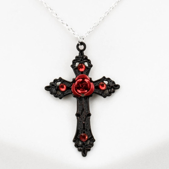 Naszyjnik z wisiorkiem Gotycki czarny krzyż z czerwoną różą - biżuteria gotycka o romantycznym uroku dla kobiet w stylu wiktoriańskim - Wianko - 2