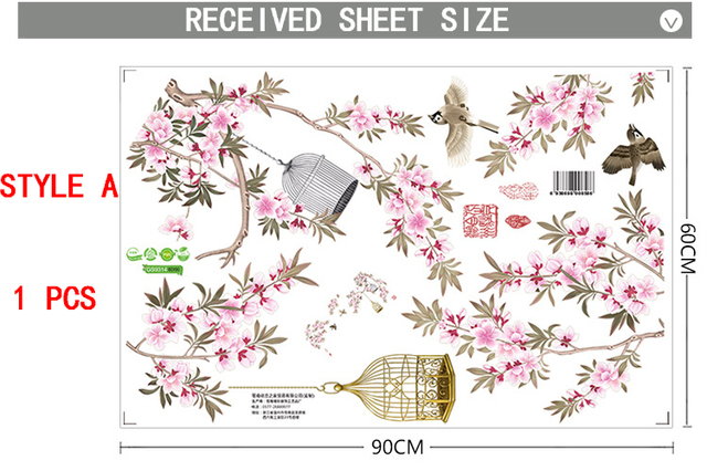 Duża klatka dla ptaków w chińskim stylu z różowymi kwiatami - dekoracja wnętrza, naklejki ścienne PVC - Wianko - 2