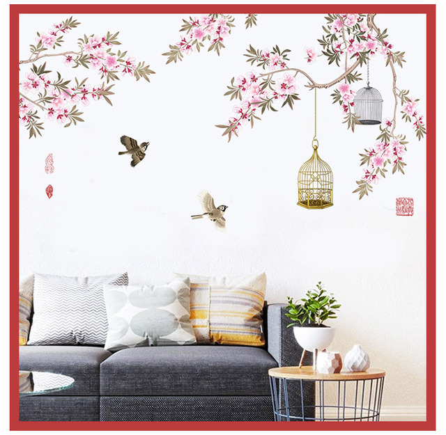 Duża klatka dla ptaków w chińskim stylu z różowymi kwiatami - dekoracja wnętrza, naklejki ścienne PVC - Wianko - 11