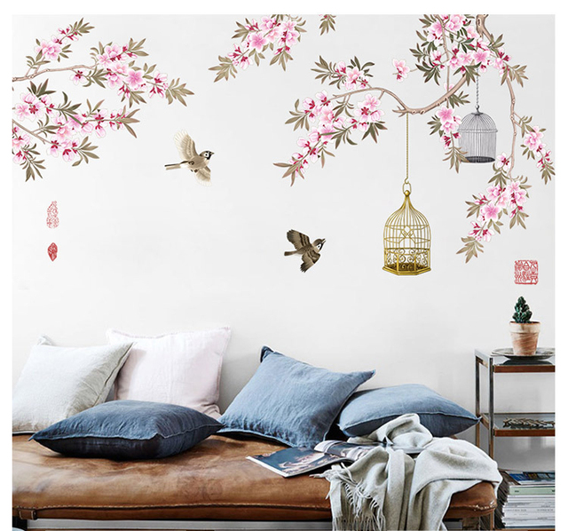 Duża klatka dla ptaków w chińskim stylu z różowymi kwiatami - dekoracja wnętrza, naklejki ścienne PVC - Wianko - 9