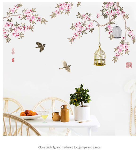 Duża klatka dla ptaków w chińskim stylu z różowymi kwiatami - dekoracja wnętrza, naklejki ścienne PVC - Wianko - 10
