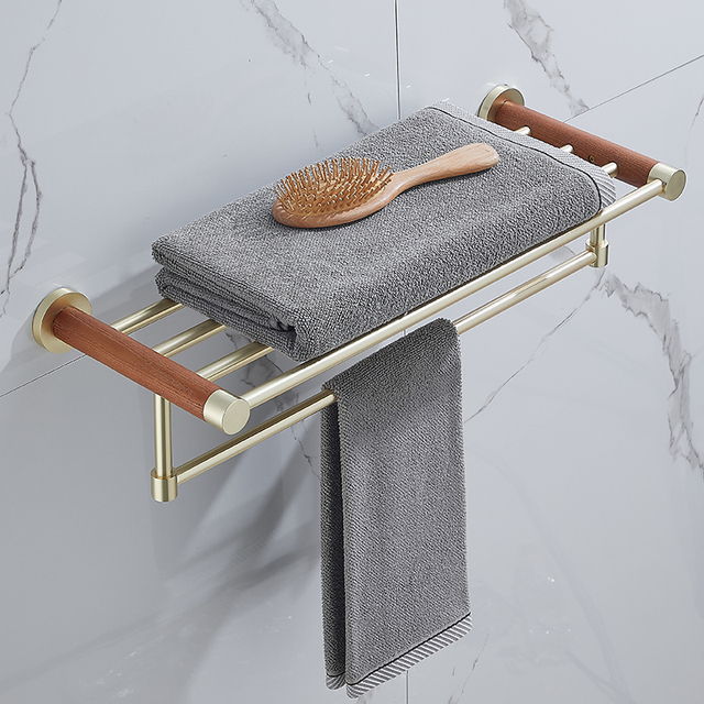 Luksusowa ścienna półka na ręczniki z wieszakiem i uchwytem, wykonana ze szczotkowanego złota, zestaw do organizacji łazienkowych akcesoriów - Wianko - 11