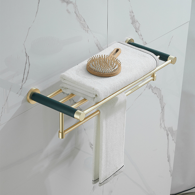 Luksusowa ścienna półka na ręczniki z wieszakiem i uchwytem, wykonana ze szczotkowanego złota, zestaw do organizacji łazienkowych akcesoriów - Wianko - 10